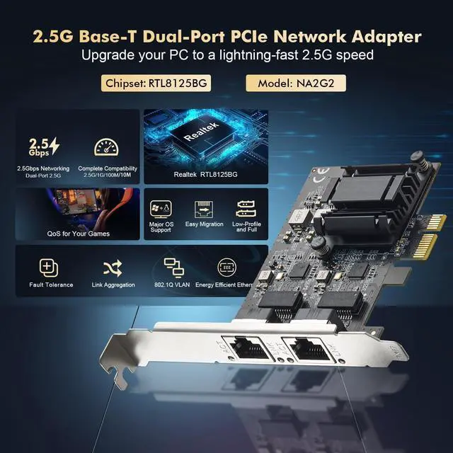 Alt view image 2 of 7 - 2 Ports 2.5G PCIe Network Adapter, RTL8125B LAN Controller 2500/1000/100Mbps Binardat Ethernet RJ45 NIC Card Support PXE for Windows/Linux