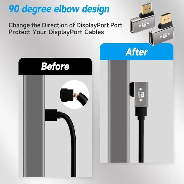 Alt view image 4 of 5 - 8K DisplayPort 1.4 Adapter Flat 90 Degree and 270 Degree Adapter 2 Pack, Right Angle DP Male to Female Vertical Connector Converter DP L Shape Extender, Support 8K@60Hz,4K@144Hz,4K@60Hz,4K@30Hz