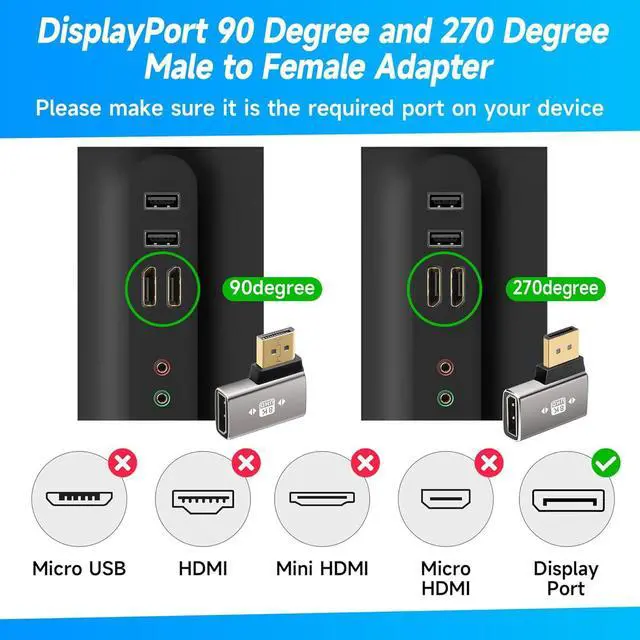 Alt view image 3 of 5 - 8K DisplayPort 1.4 Adapter Flat 90 Degree and 270 Degree Adapter 2 Pack, Right Angle DP Male to Female Vertical Connector Converter DP L Shape Extender, Support 8K@60Hz,4K@144Hz,4K@60Hz,4K@30Hz