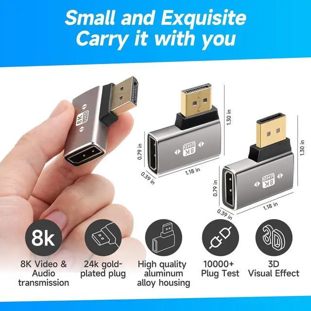 Alt view image 2 of 5 - 8K DisplayPort 1.4 Adapter Flat 90 Degree and 270 Degree Adapter 2 Pack, Right Angle DP Male to Female Vertical Connector Converter DP L Shape Extender, Support 8K@60Hz,4K@144Hz,4K@60Hz,4K@30Hz