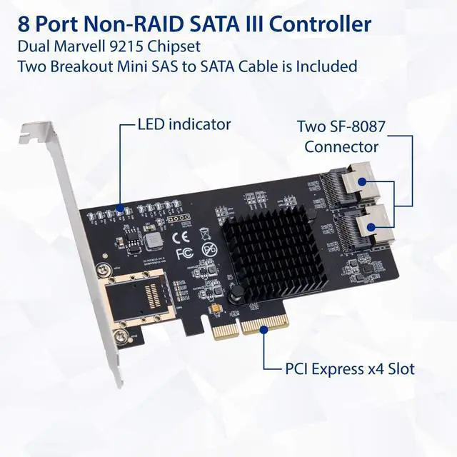 Alt view image 2 of 6 - Syba 8 Port SATA III Non-RAID PCI-e x4 Expansion Card Supports FreeNAS and ZFS RAID - Includes Mini SAS to SATA Breack Out Cables (SI-PEX40137)