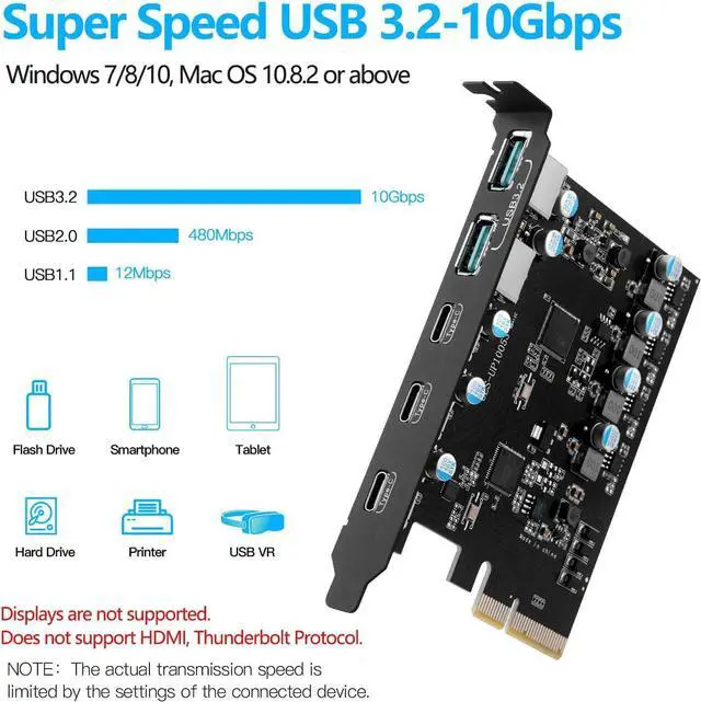 Alt view image 2 of 6 - PCIe to USB 3.2/USB 3.1 Gen 2 Card 10Gbps 5-Port (3X USB C -2X Type A) PCI Express Expansion Card PC Internal Hub for Windows 10/8/7 Linux and MAC OS 10.8.2 Above