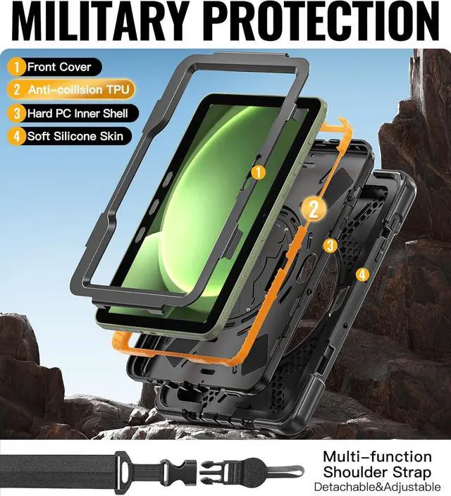 Alt view image 3 of 7 - Case for Galaxy Tab Active 5 Pro / 4 Pro/Pro - 10.1" Black | 2025 /2022 /2019 Shockproof Heavy Duty Rugged Drop Full body Protective Cover with 360 Stand, Hand Strap & Shoulder Strap