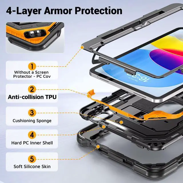 Alt view image 2 of 7 - Case for iPad A16 11th Generation 11 Inch (2025) iPad 10th Generation 10.9 Inch (2022),i Pad A16 Case Military Grade Shockproof Cases with Pencil Holder Shoulder Strap,Black