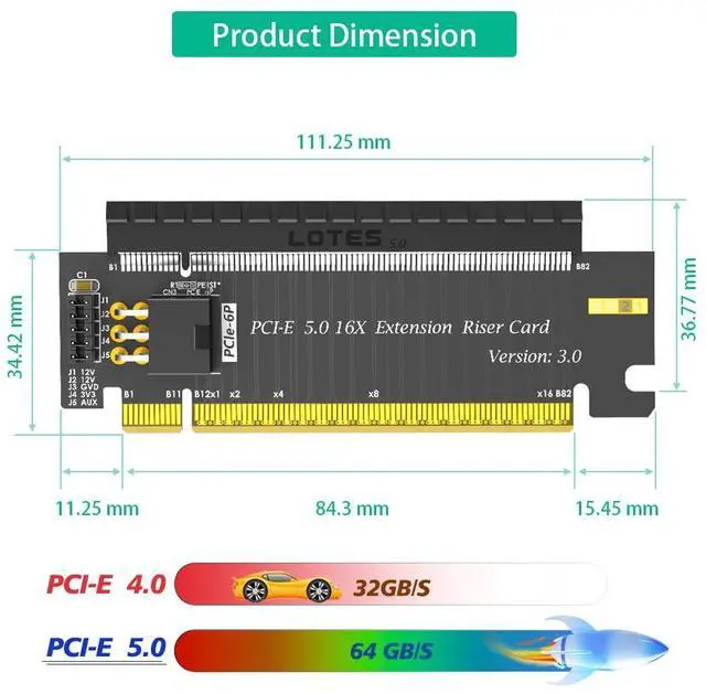 Alt view image 3 of 6 - PCIe 16x Riser Card,PCI-e Express 5.0 X16 Male to Female Extension Card With 6Pin ATX Connector for 2U Server Case GPU Graphics Card