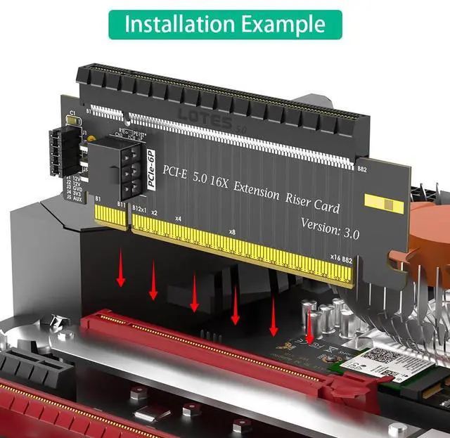 Alt view image 5 of 6 - PCIe 16x Riser Card,PCI-e Express 5.0 X16 Male to Female Extension Card With 6Pin ATX Connector for 2U Server Case GPU Graphics Card