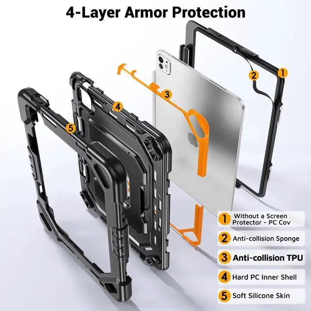 Alt view image 4 of 7 - Case for iPad Pro 11 inch M5 2025 & M4 2024, 4 Layers Heavy Duty Full-Body Protection Pencil Holder, Heavy Duty Shockproof Rugged High-Impact Protective Cove Kickstand, Shoulder Strap Kids Friendly