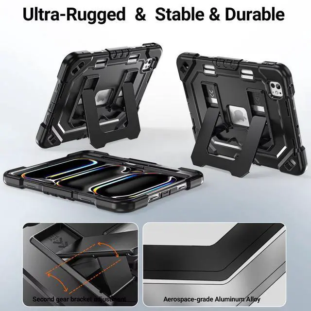 Alt view image 6 of 7 - Case for iPad Pro 11 inch M5 2025 & M4 2024, 4 Layers Heavy Duty Full-Body Protection Pencil Holder, Heavy Duty Shockproof Rugged High-Impact Protective Cove Kickstand, Shoulder Strap Kids Friendly