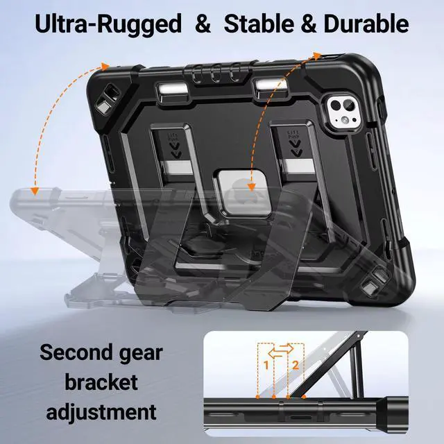 Alt view image 2 of 7 - Case for iPad Pro 11 inch M5 2025 & M4 2024, 4 Layers Heavy Duty Full-Body Protection Pencil Holder, Heavy Duty Shockproof Rugged High-Impact Protective Cove Kickstand, Shoulder Strap Kids Friendly