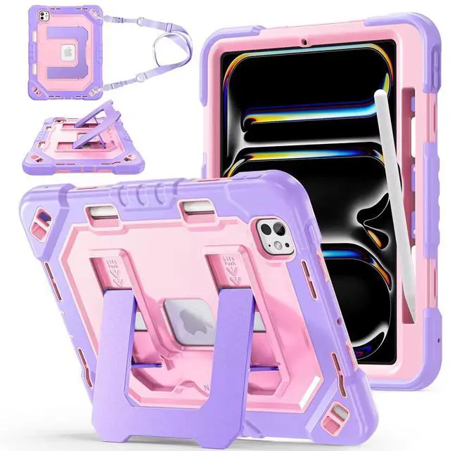 Main image of Case for iPad Pro 11 inch M5 2025 & M4 2024, 4 Layers Heavy Duty Full-Body Protection Pencil Holder, Heavy Duty Shockproof Rugged High-Impact Protective Cove Kickstand, Shoulder Strap Kids Friendly