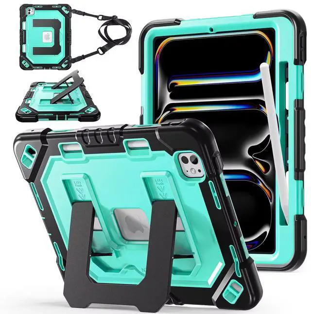 Main image of Case for iPad Pro 11 inch M5 2025 & M4 2024, 4 Layers Heavy Duty Full-Body Protection Pencil Holder, Heavy Duty Shockproof Rugged High-Impact Protective Cove Kickstand, Shoulder Strap Kids Friendly