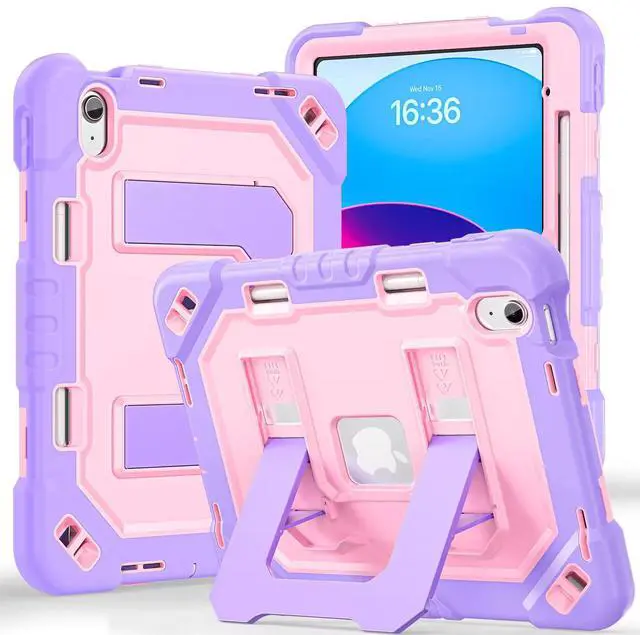 Main image of Case for iPad A16 11th Generation 11 Inch (2025) iPad 10th Generation 10.9 Inch (2022),i Pad A16 Case Military Grade Shockproof Cases with Pencil Holder Shoulder Strap,Black Purple+rose gold