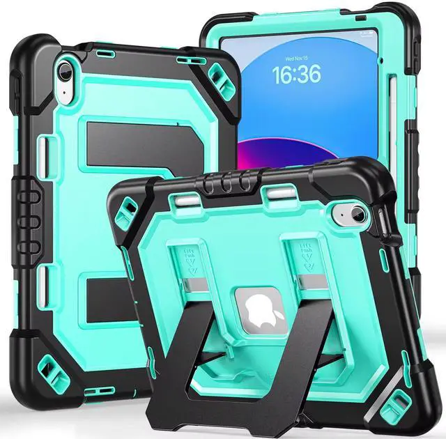 Main image of Case for iPad A16 11th Generation 11 Inch (2025) iPad 10th Generation 10.9 Inch (2022),i Pad A16 Case Military Grade Shockproof Cases with Pencil Holder Shoulder Strap,Black Black+green