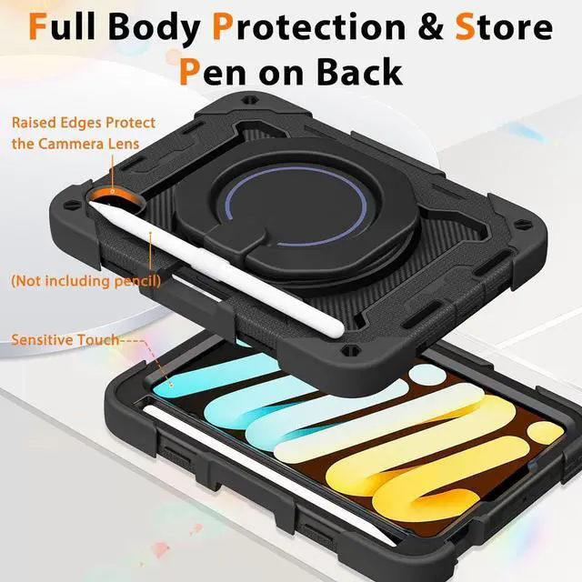 Alt view image 4 of 6 - Case for iPad mini 7 (A17 Pro) 2024/ Mini 6 8.3-Inch Kids Friendly | Drop-Proof Protection Cover with 360° Rotate Stand & Handle & Shoulder Strap & Pencil Holder