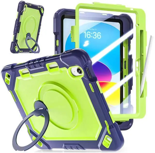 Main image of Case for iPad (A16) 11th Generation 11 inch 2025/10th Generation 10.9 inch 2022, Shockproof Cover with 360° Rotate Handle/Bracket/Pen Holder/Shoulder Strap Navy Blue+Green