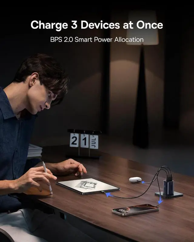 Alt view image 4 of 7 - 67W USB C Charger, Smallest 3 Port Fast Charging Block with Foldable Plug, PD/PPS for MacBook Air/Pro, iPhone 17/16/15 Series, Galaxy S25/24, Airpods 4 & More