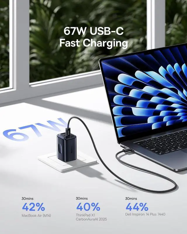 Alt view image 2 of 7 - 67W USB C Charger, Smallest 3 Port Fast Charging Block with Foldable Plug, PD/PPS for MacBook Air/Pro, iPhone 17/16/15 Series, Galaxy S25/24, Airpods 4 & More