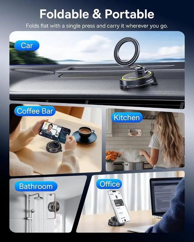 Alt view image 7 of 7 - For Magsafe Car Mount, Vacuum 119LBS Magnetic Suction Cup Phone Holder for Car, 720° Adjustable Foldable Cell Phone Holder with Reusable Washable Gel for Car & for iPhone 17 16 15 14 13 Pro Max