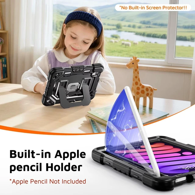 Alt view image 4 of 7 - Kid-Friendly Case for iPad mini 7th Generation A17 Pro/mini 6 8.3"
Fully-Body Rugged Heavy Duty Shockproof Cover, Built-in Kickstand, Landscape & Portrait Viewing, Pencil Holder, Black