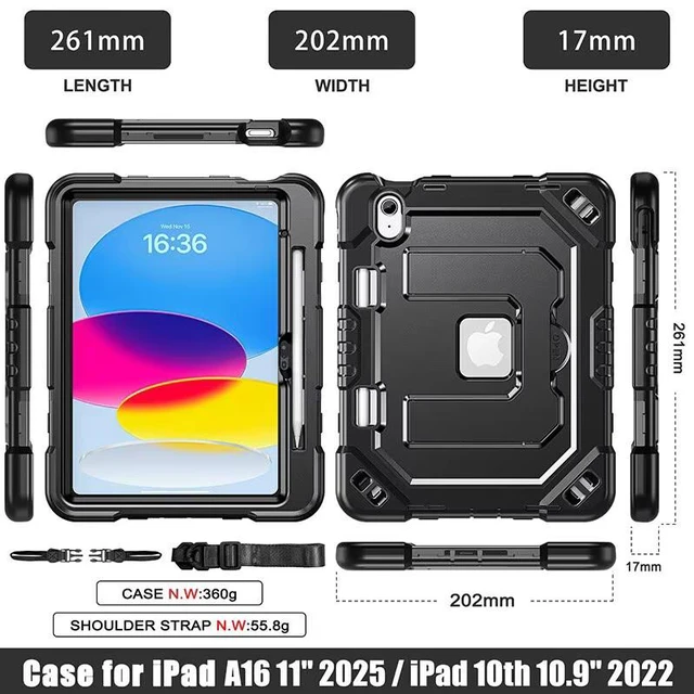 Alt view image 2 of 7 - Case for iPad A16 11th Generation 11 Inch (2025)/10th Generation 10.9 Inch (2022), Dinines Rugged Heavy Duty Shockproof Protective iPad A16 Case with Kickstand, Shoulder Strap Pencil Holder,