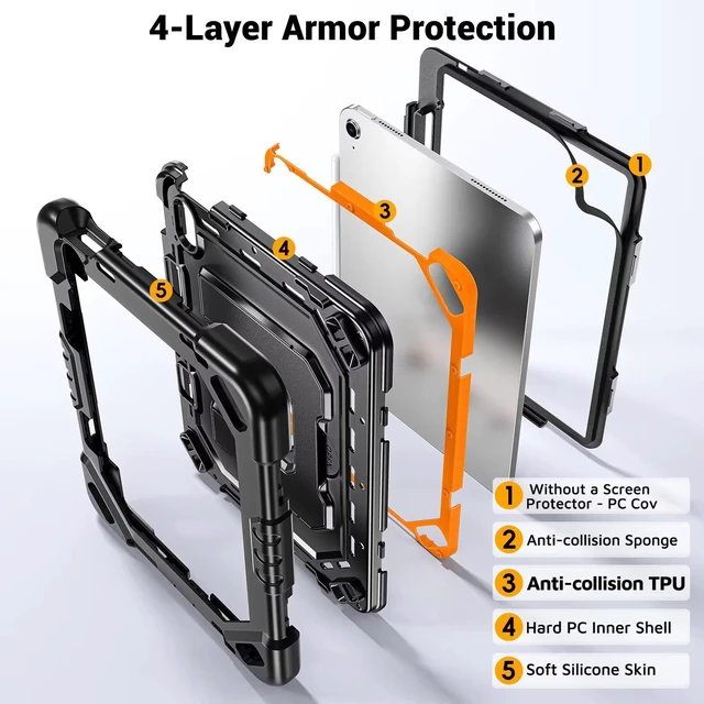 Alt view image 3 of 7 - Case for iPad A16 11th Generation 11 Inch (2025)/10th Generation 10.9 Inch (2022), Dinines Rugged Heavy Duty Shockproof Protective iPad A16 Case with Kickstand, Shoulder Strap Pencil Holder,