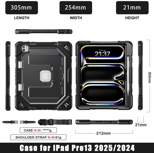 Alt view image 2 of 7 - Case for iPad Pro 13 Inch M5 / M4 (2025/2024), Black
Heavy Duty Shockproof Protective, Hand/Shoulder Strap and Pen Holder, one stand dual models