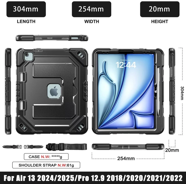 Alt view image 2 of 7 - Case for iPad Air 13 Inch Case M4 2026/M3 2025/ M2 2024, iPad Air 13" (M4/M3/M2) / iPad Pro 12.9" 6th/5th/4t Fully-Body Rugged Shockproof Cases with Large Kickstand Pen Holder Shoulder Strap