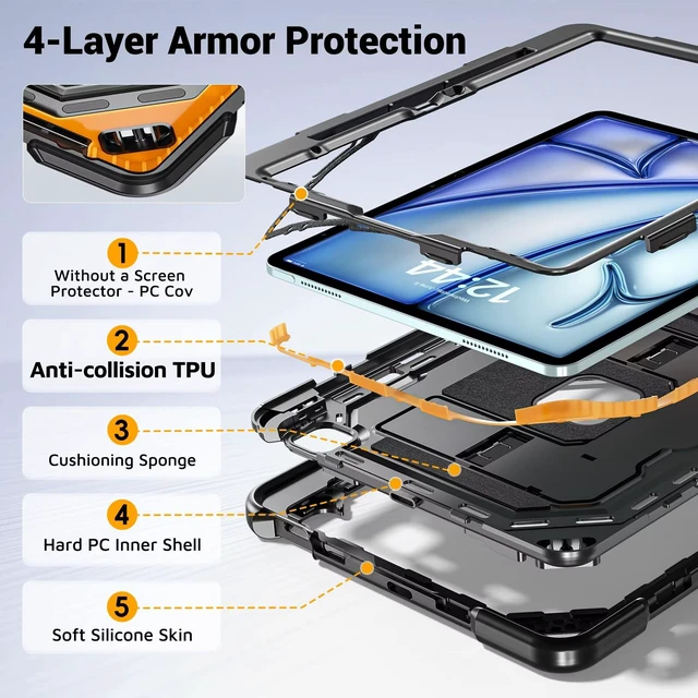 Alt view image 5 of 7 - Case for iPad Air 13 Inch Case M4 2026/M3 2025/ M2 2024, iPad Air 13" (M4/M3/M2) / iPad Pro 12.9" 6th/5th/4t Fully-Body Rugged Shockproof Cases with Large Kickstand Pen Holder Shoulder Strap