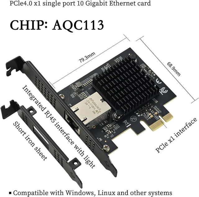 Alt view image 3 of 7 - PCIe 4.0 x1 to 10Gbps Single-Port Ethernet Network Adapter AQC113 Chipset, RJ45 10GBase-T, High-Speed NIC for Server/Desktop/NAS