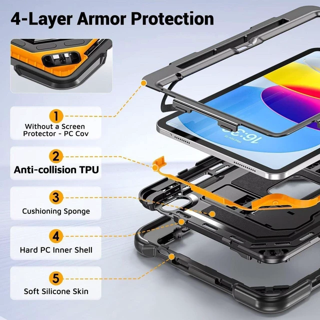 Alt view image 2 of 7 - Case for iPad A16 11th Generation 11 Inch (2025) iPad 10th Generation 10.9 Inch (2022),i Pad A16 Case Military Grade Shockproof Cases with Pencil Holder Shoulder Strap,Black