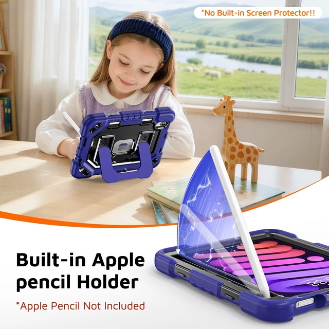 Alt view image 7 of 7 - Kid-Friendly Case for iPad mini 7th Generation A17 Pro/mini 6 8.3"
Fully-Body Rugged Heavy Duty Shockproof Cover, Built-in Kickstand, Landscape & Portrait Viewing, Pencil Holder, Black Blue black