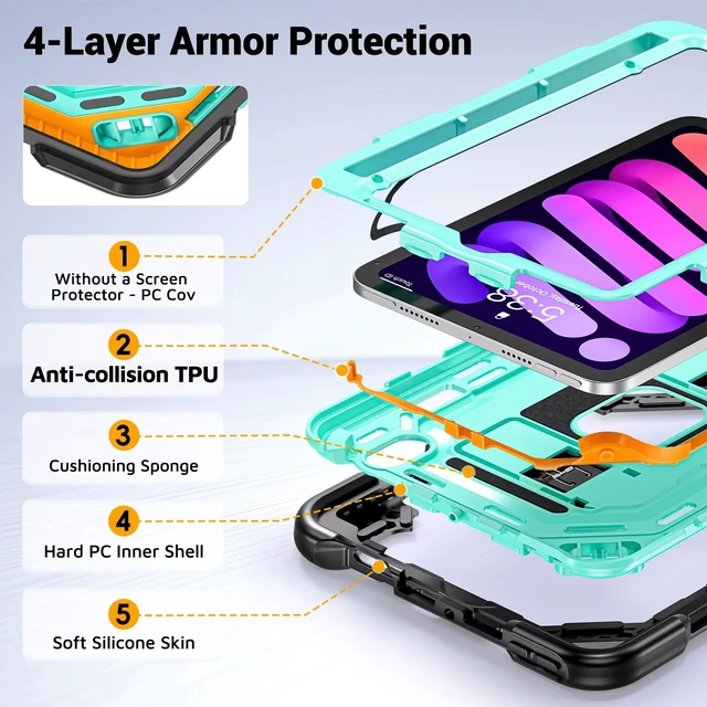 Alt view image 3 of 6 - Kid-Friendly Case for iPad mini 7th Generation A17 Pro/mini 6 8.3"
Fully-Body Rugged Heavy Duty Shockproof Cover, Built-in Kickstand, Landscape & Portrait Viewing, Pencil Holder, Black Green black
