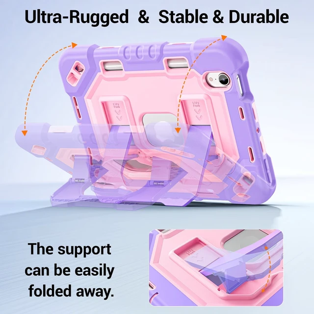 Alt view image 5 of 5 - Kid-Friendly Case for iPad mini 7th Generation A17 Pro/mini 6 8.3"
Fully-Body Rugged Heavy Duty Shockproof Cover, Built-in Kickstand, Landscape & Portrait Viewing, Pencil Holder, Rose and Purple