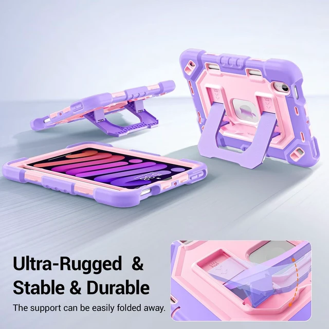 Alt view image 3 of 5 - Kid-Friendly Case for iPad mini 7th Generation A17 Pro/mini 6 8.3"
Fully-Body Rugged Heavy Duty Shockproof Cover, Built-in Kickstand, Landscape & Portrait Viewing, Pencil Holder, Rose and Purple