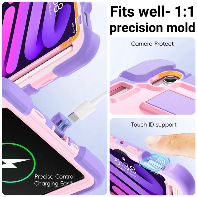 Alt view image 2 of 5 - Kid-Friendly Case for iPad mini 7th Generation A17 Pro/mini 6 8.3"
Fully-Body Rugged Heavy Duty Shockproof Cover, Built-in Kickstand, Landscape & Portrait Viewing, Pencil Holder, Rose and Purple