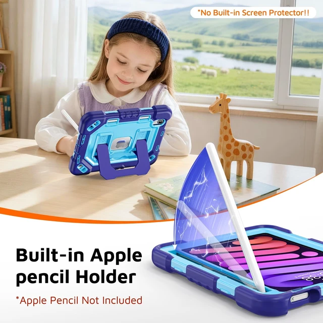 Alt view image 3 of 6 - Kid-Friendly Case for iPad mini 7th Generation A17 Pro/mini 6 8.3"
Fully-Body Rugged Heavy Duty Shockproof Cover, Built-in Kickstand, Landscape & Portrait Viewing, Pencil Holder, Black Light blue