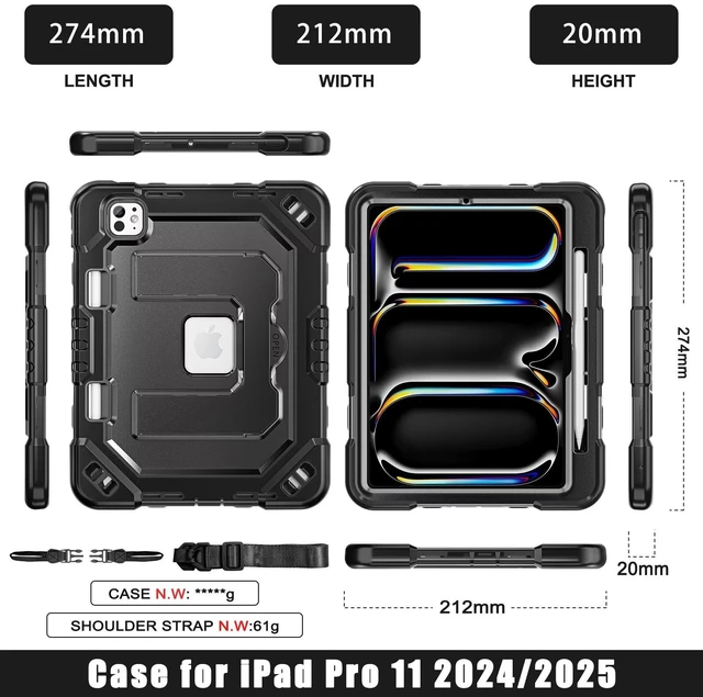 Alt view image 2 of 7 - Case for iPad Pro 11-inch M5-M4 2025-2024, Shockproof Heavy Duty Case with Pencil Holder, Adjustable Viewing Angles, Stable Writing & Typing, Shoulder Strap, Black