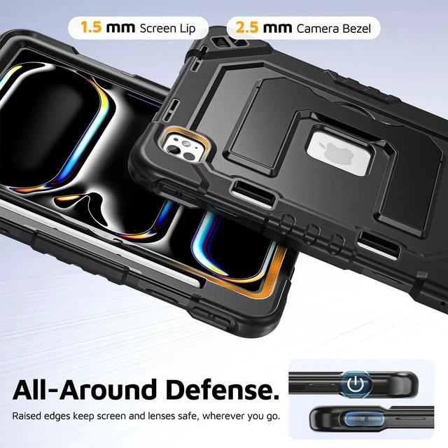 Alt view image 5 of 7 - Case for iPad Pro 11-inch M5-M4 2025-2024, Shockproof Heavy Duty Case with Pencil Holder, Adjustable Viewing Angles, Stable Writing & Typing, Shoulder Strap, Black