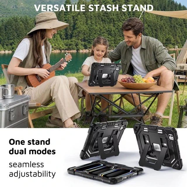 Alt view image 7 of 7 - Case for iPad Pro 11-inch M5-M4 2025-2024, Shockproof Heavy Duty Case with Pencil Holder, Adjustable Viewing Angles, Stable Writing & Typing, Shoulder Strap, Black
