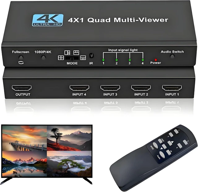Main image of HDMI Multi-Viewer 4X1, Seamless Switcher 4 in 1 Out, Quad Multi Viewer Switcher with IR Remote, Supports 4K 30Hz, 1080P@60Hz, 5 Display Modes Multiviewer Switch for Security Camera, Gaming Consoles