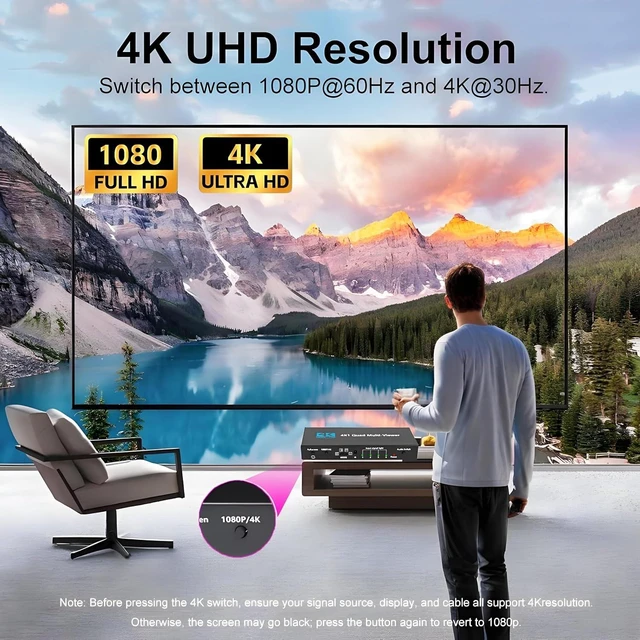 Alt view image 5 of 7 - HDMI Multi-Viewer 4X1, Seamless Switcher 4 in 1 Out, Quad Multi Viewer Switcher with IR Remote, Supports 4K 30Hz, 1080P@60Hz, 5 Display Modes Multiviewer Switch for Security Camera, Gaming Consoles