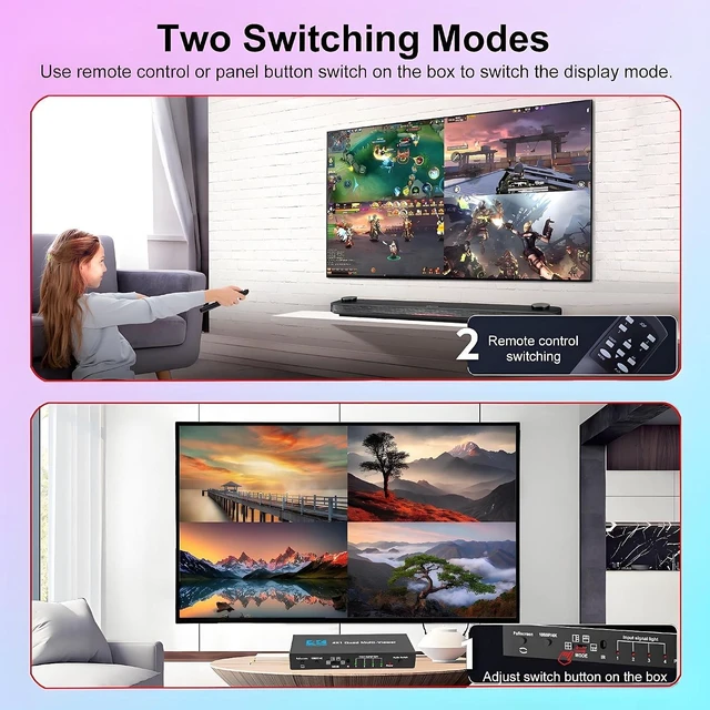 Alt view image 6 of 7 - HDMI Multi-Viewer 4X1, Seamless Switcher 4 in 1 Out, Quad Multi Viewer Switcher with IR Remote, Supports 4K 30Hz, 1080P@60Hz, 5 Display Modes Multiviewer Switch for Security Camera, Gaming Consoles