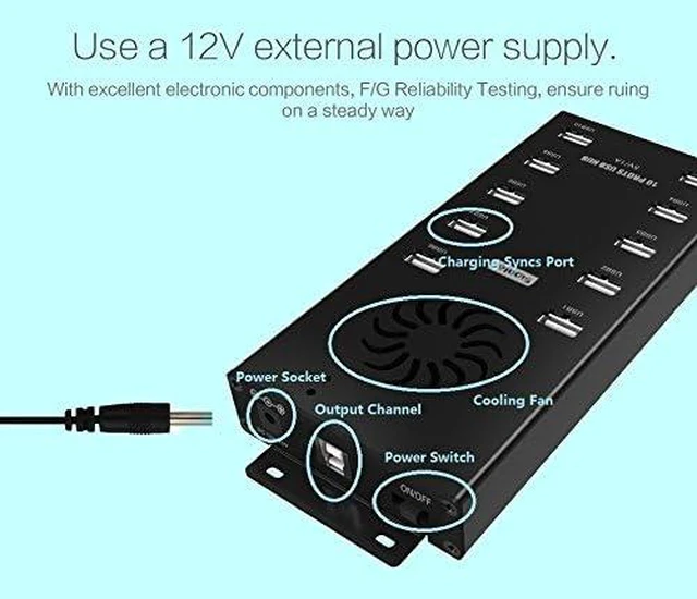 Alt view image 4 of 7 - A-400 10-Port USB 2.0 Charge & Sync Hub, 120W, 2.1A/Port | 10 USB 2.0 ports with 120W power and up to 2.1A per port for charging cabinets, classrooms and device management.