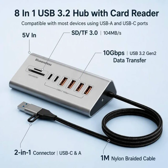 Alt view image 4 of 7 - USB C Hub 8 In 1 Type C Hub USB-C 8-In-1 Multiport 3.2 10Gbps Highspeed USB Hub with SD TF 3.0 Card Reader for External Drive