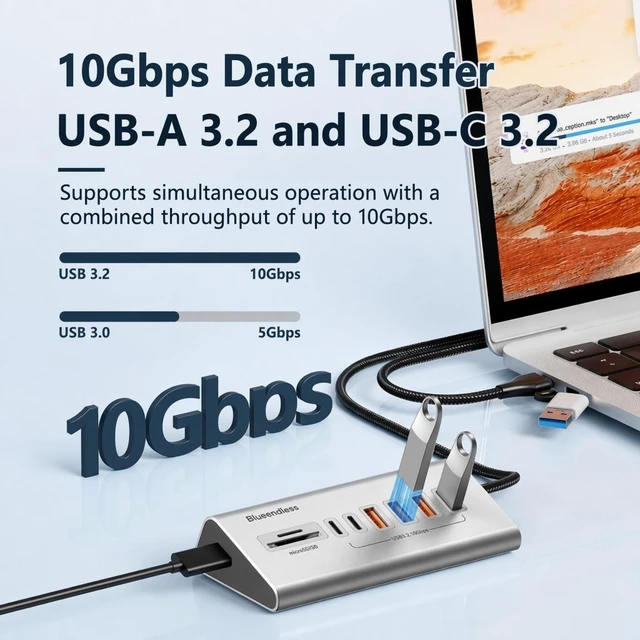 Alt view image 3 of 7 - USB C Hub 8 In 1 Type C Hub USB-C 8-In-1 Multiport 3.2 10Gbps Highspeed USB Hub with SD TF 3.0 Card Reader for External Drive