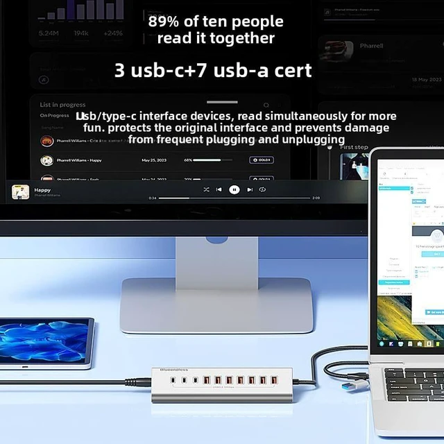 Alt view image 4 of 5 - Powered USB Hub 10Gbps, 10-Port USB 3.2/USB C Hub, 7 USB-A 3.2 + 3 USB-C 3.2, 3.3FT Cable, Aluminum USB Hub for PC,Laptop,iPhone 17/16/15