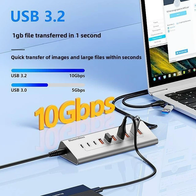 Alt view image 3 of 5 - Powered USB Hub 10Gbps, 10-Port USB 3.2/USB C Hub, 7 USB-A 3.2 + 3 USB-C 3.2, 3.3FT Cable, Aluminum USB Hub for PC,Laptop,iPhone 17/16/15