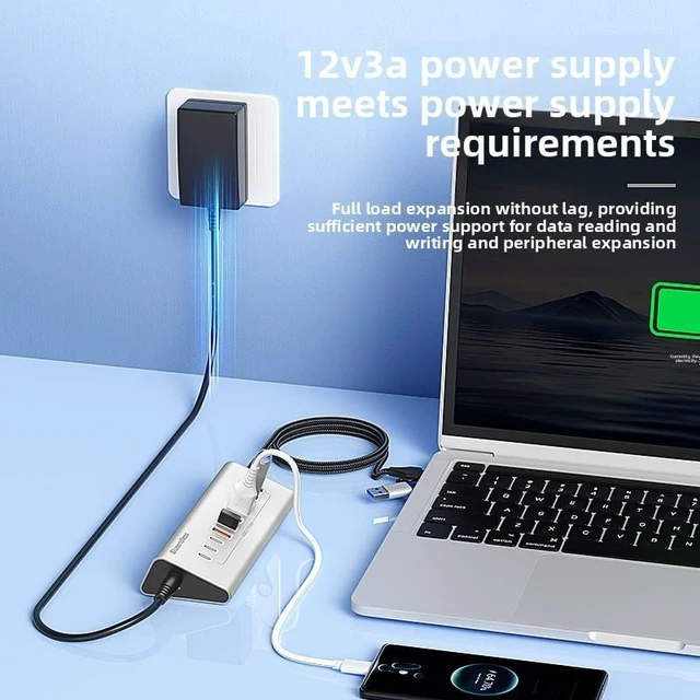 Alt view image 5 of 5 - Powered USB Hub 10Gbps, 10-Port USB 3.2/USB C Hub, 7 USB-A 3.2 + 3 USB-C 3.2, 3.3FT Cable, Aluminum USB Hub for PC,Laptop,iPhone 17/16/15