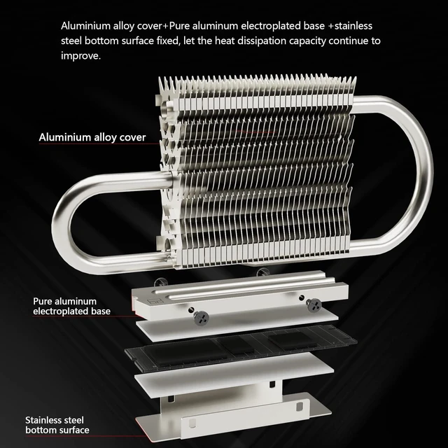 Alt view image 4 of 6 - HR-09 2280 PRO SSD heatsink, Double-Sided Heat Sink, Contains a Heat Pipe, Reflow Soldering Process, with Thermal Silicone Pad for M.2 SSD Hard Disk, Computer and PC