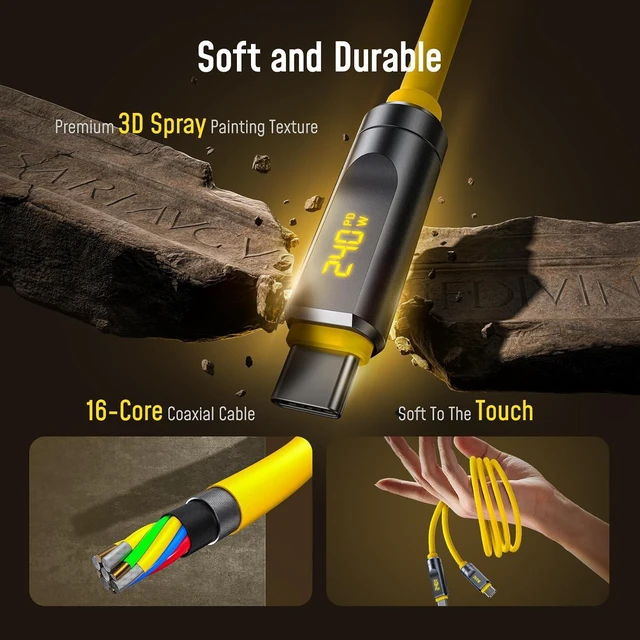 Alt view image 4 of 7 - USB4 2.0 Cable, LED Display 3.3 ft, 240W PD3.1 Fast Charging80Gbps Data Transfer, Dual 8K Display, The Adonis USB C Cable for MacBook Pro/iPhone 17 Pro Max/Galaxy/SSD/Docking, Yellow 3.3ft